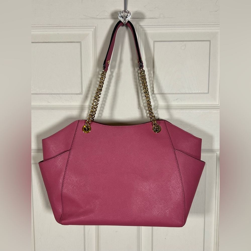 Michael Kors Pink Saffiano Leather Tote Gold Chain Shoulder Bag - Picture 7 of 16